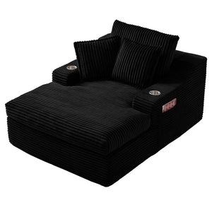 English Elm Oversized Faux Fur Chaise Lounge with Cup Holders Storage Pockets and Three Pillows Black W5385P512352