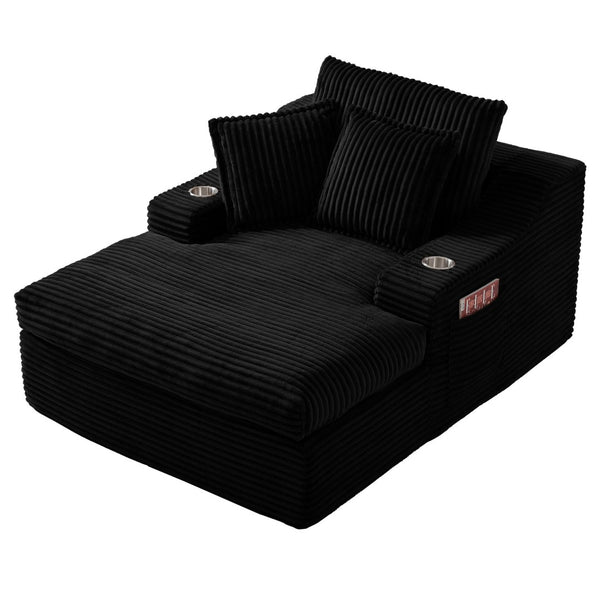English Elm Oversized Faux Fur Chaise Lounge with Cup Holders Storage Pockets and Three Pillows Black W5385P512352