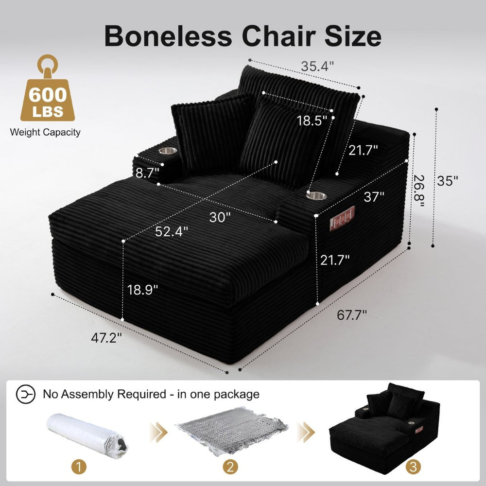 English Elm Oversized Faux Fur Chaise Lounge with Cup Holders Storage Pockets and Three Pillows Black W5385P512352