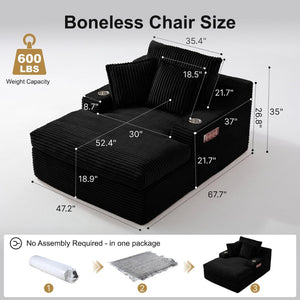 English Elm Oversized Faux Fur Chaise Lounge with Cup Holders Storage Pockets and Three Pillows Black W5385P512352