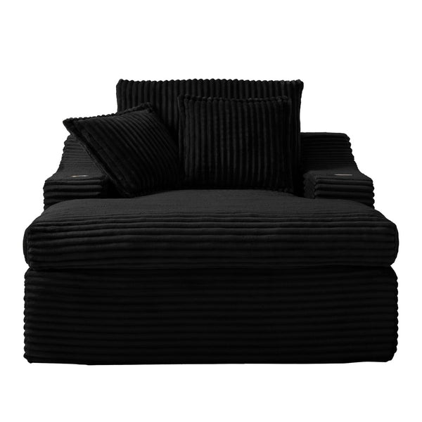 English Elm Oversized Faux Fur Chaise Lounge with Cup Holders Storage Pockets and Three Pillows Black W5385P512352