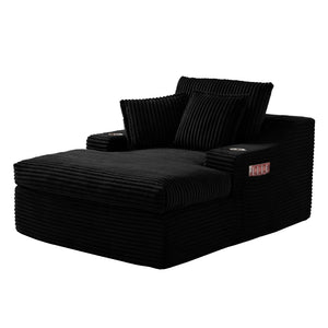 English Elm Oversized Faux Fur Chaise Lounge with Cup Holders Storage Pockets and Three Pillows Black W5385P512352