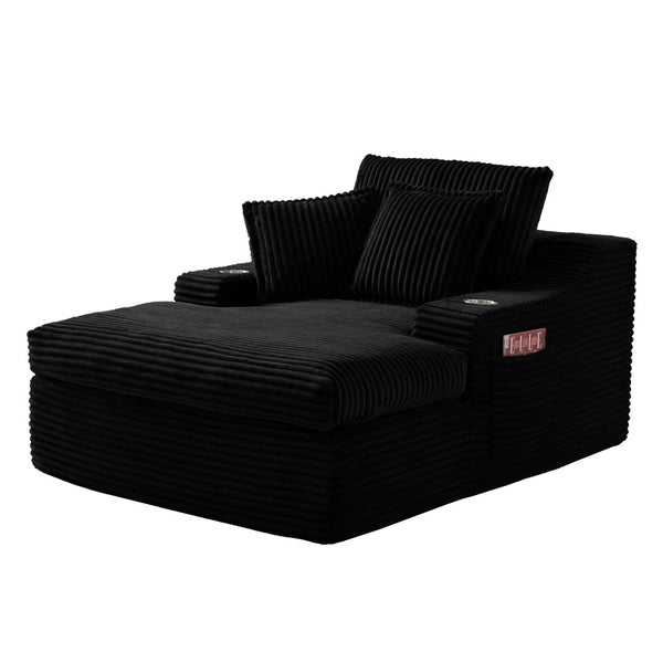 English Elm Oversized Faux Fur Chaise Lounge with Cup Holders Storage Pockets and Three Pillows Black W5385P512352