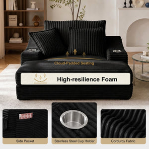 English Elm Oversized Faux Fur Chaise Lounge with Cup Holders Storage Pockets and Three Pillows Black W5385P512352