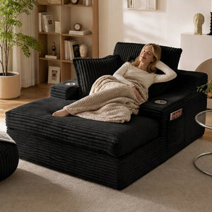English Elm Oversized Faux Fur Chaise Lounge with Cup Holders Storage Pockets and Three Pillows Black W5385P512352
