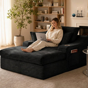 English Elm Oversized Faux Fur Chaise Lounge with Cup Holders Storage Pockets and Three Pillows Black W5385P512352