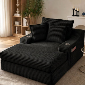 English Elm Oversized Faux Fur Chaise Lounge with Cup Holders Storage Pockets and Three Pillows Black W5385P512352