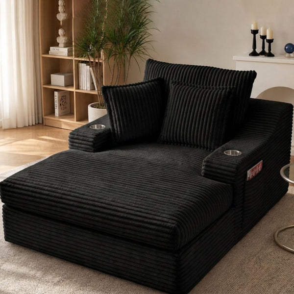 English Elm Oversized Faux Fur Chaise Lounge with Cup Holders Storage Pockets and Three Pillows Black W5385P512352