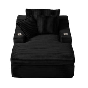English Elm Oversized Faux Fur Chaise Lounge with Cup Holders Storage Pockets and Three Pillows Black W5385P512352