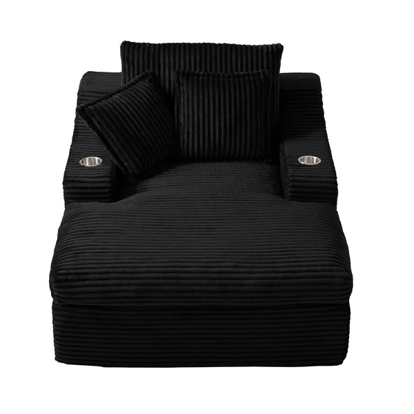 English Elm Oversized Faux Fur Chaise Lounge with Cup Holders Storage Pockets and Three Pillows Black W5385P512352