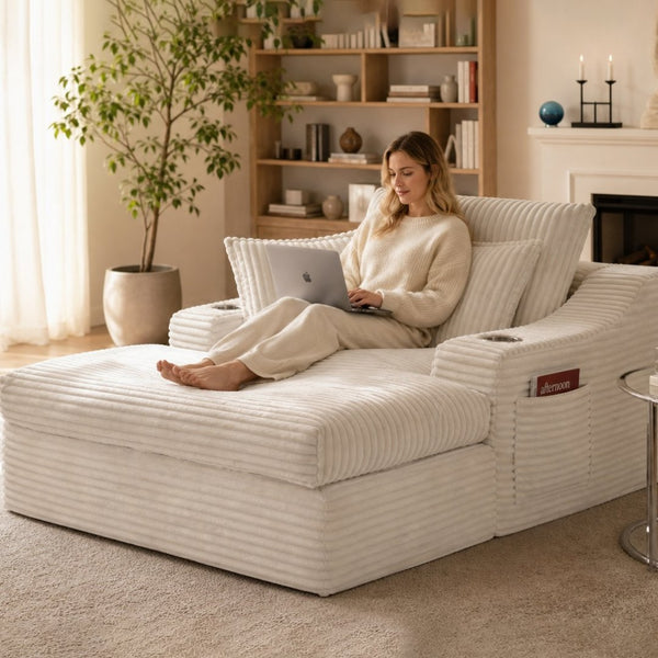 English Elm Oversized Faux Fur Chaise Lounge with Cup Holders Storage Pockets and Three Pillows White W5385P512353