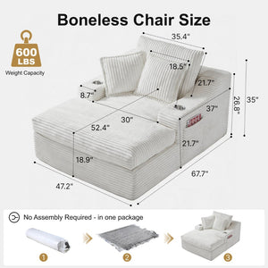 English Elm Oversized Faux Fur Chaise Lounge with Cup Holders Storage Pockets and Three Pillows White W5385P512353