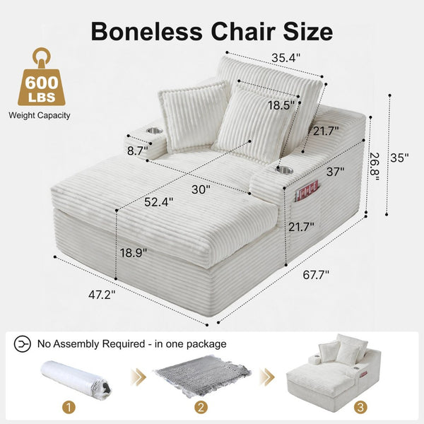 English Elm Oversized Faux Fur Chaise Lounge with Cup Holders Storage Pockets and Three Pillows White W5385P512353