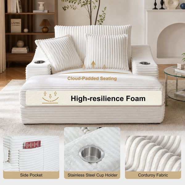 English Elm Oversized Faux Fur Chaise Lounge with Cup Holders Storage Pockets and Three Pillows White W5385P512353