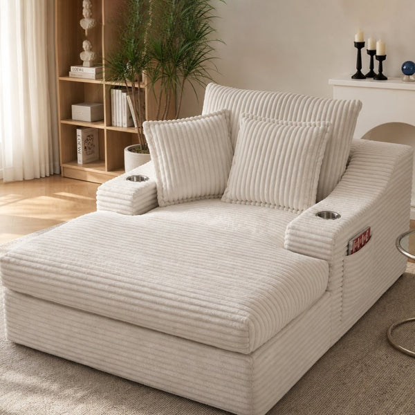 English Elm Oversized Faux Fur Chaise Lounge with Cup Holders Storage Pockets and Three Pillows White W5385P512353