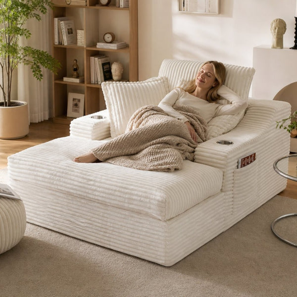 English Elm Oversized Faux Fur Chaise Lounge with Cup Holders Storage Pockets and Three Pillows White W5385P512353