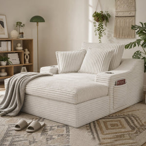 English Elm Oversized Faux Fur Chaise Lounge with Cup Holders Storage Pockets and Three Pillows White W5385P512353