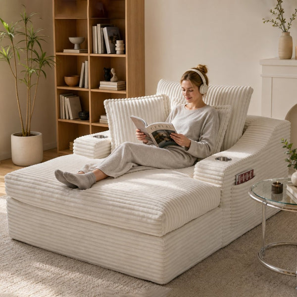 English Elm Oversized Faux Fur Chaise Lounge with Cup Holders Storage Pockets and Three Pillows White W5385P512353