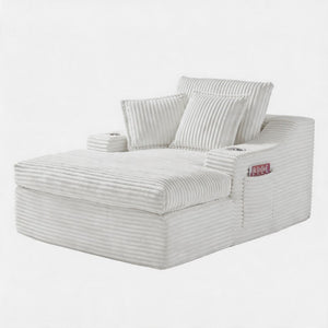 English Elm Oversized Faux Fur Chaise Lounge with Cup Holders Storage Pockets and Three Pillows White W5385P512353