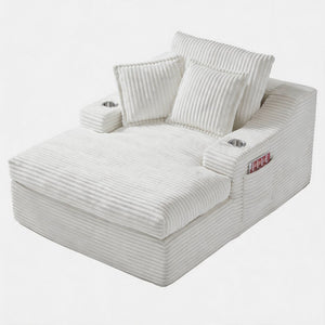 English Elm Oversized Faux Fur Chaise Lounge with Cup Holders Storage Pockets and Three Pillows White W5385P512353