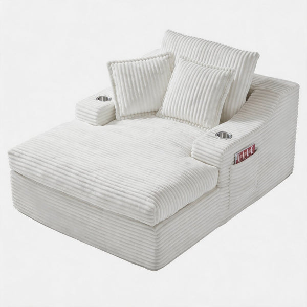 English Elm Oversized Faux Fur Chaise Lounge with Cup Holders Storage Pockets and Three Pillows White W5385P512353