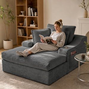 English Elm Oversized Faux Fur Chaise Lounge with Cup Holders Storage Pockets and Three Pillows Gray W5385P512354