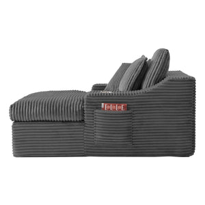 English Elm Oversized Faux Fur Chaise Lounge with Cup Holders Storage Pockets and Three Pillows Gray W5385P512354