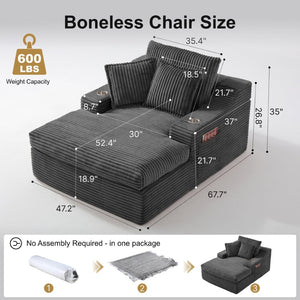 English Elm Oversized Faux Fur Chaise Lounge with Cup Holders Storage Pockets and Three Pillows Gray W5385P512354