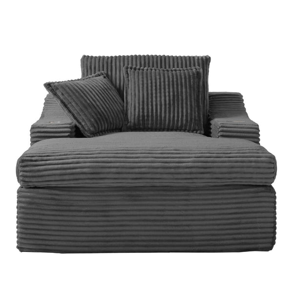 English Elm Oversized Faux Fur Chaise Lounge with Cup Holders Storage Pockets and Three Pillows Gray W5385P512354