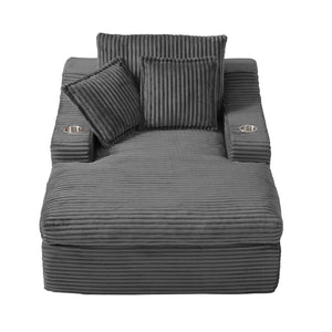English Elm Oversized Faux Fur Chaise Lounge with Cup Holders Storage Pockets and Three Pillows Gray W5385P512354