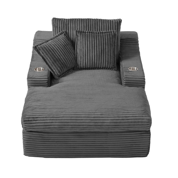 English Elm Oversized Faux Fur Chaise Lounge with Cup Holders Storage Pockets and Three Pillows Gray W5385P512354