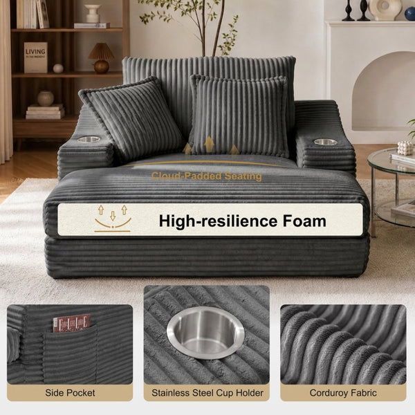 English Elm Oversized Faux Fur Chaise Lounge with Cup Holders Storage Pockets and Three Pillows Gray W5385P512354