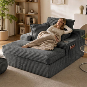 English Elm Oversized Faux Fur Chaise Lounge with Cup Holders Storage Pockets and Three Pillows Gray W5385P512354