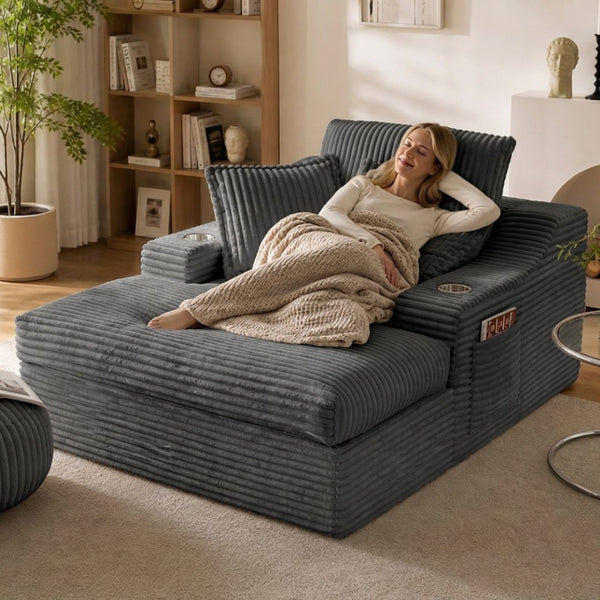 English Elm Oversized Faux Fur Chaise Lounge with Cup Holders Storage Pockets and Three Pillows Gray W5385P512354