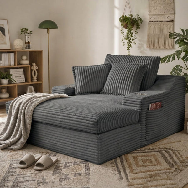 English Elm Oversized Faux Fur Chaise Lounge with Cup Holders Storage Pockets and Three Pillows Gray W5385P512354
