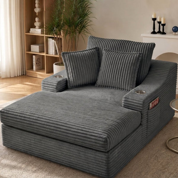 English Elm Oversized Faux Fur Chaise Lounge with Cup Holders Storage Pockets and Three Pillows Gray W5385P512354