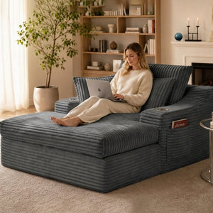 English Elm Oversized Faux Fur Chaise Lounge with Cup Holders Storage Pockets and Three Pillows Gray W5385P512354