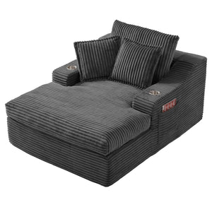 English Elm Oversized Faux Fur Chaise Lounge with Cup Holders Storage Pockets and Three Pillows Gray W5385P512354