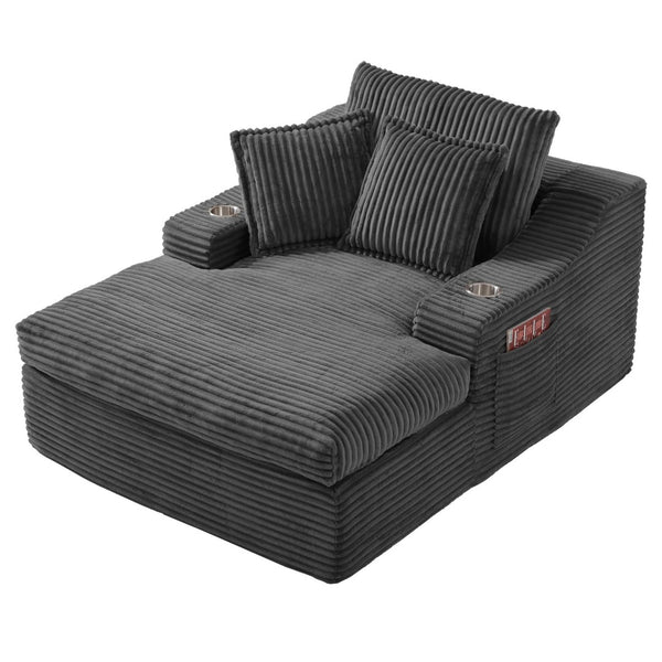 English Elm Oversized Faux Fur Chaise Lounge with Cup Holders Storage Pockets and Three Pillows Gray W5385P512354