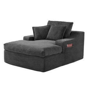 English Elm Oversized Faux Fur Chaise Lounge with Cup Holders Storage Pockets and Three Pillows Gray W5385P512354
