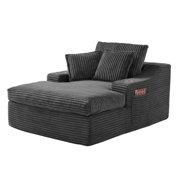 English Elm Oversized Faux Fur Chaise Lounge with Cup Holders Storage Pockets and Three Pillows Gray W5385P512354