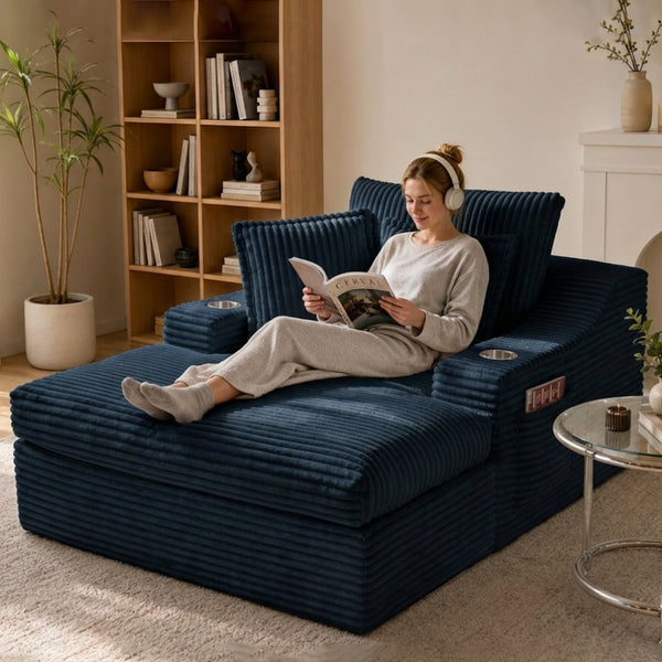 English Elm Oversized Faux Fur Chaise Lounge with Cup Holders Storage Pockets and Three Pillows Blue W5385P512355
