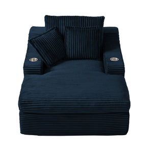 English Elm Oversized Faux Fur Chaise Lounge with Cup Holders Storage Pockets and Three Pillows Blue W5385P512355