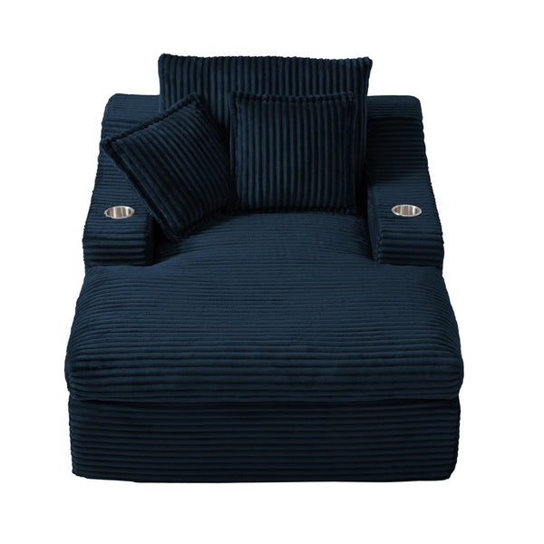 English Elm Oversized Faux Fur Chaise Lounge with Cup Holders Storage Pockets and Three Pillows Blue W5385P512355