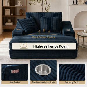English Elm Oversized Faux Fur Chaise Lounge with Cup Holders Storage Pockets and Three Pillows Blue W5385P512355