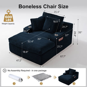English Elm Oversized Faux Fur Chaise Lounge with Cup Holders Storage Pockets and Three Pillows Blue W5385P512355