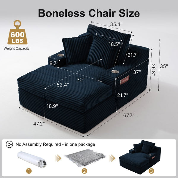 English Elm Oversized Faux Fur Chaise Lounge with Cup Holders Storage Pockets and Three Pillows Blue W5385P512355