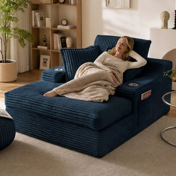 English Elm Oversized Faux Fur Chaise Lounge with Cup Holders Storage Pockets and Three Pillows Blue W5385P512355