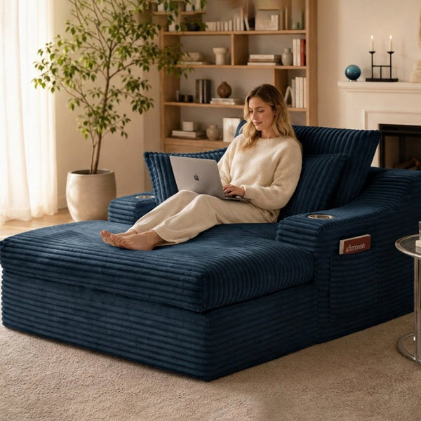 English Elm Oversized Faux Fur Chaise Lounge with Cup Holders Storage Pockets and Three Pillows Blue W5385P512355