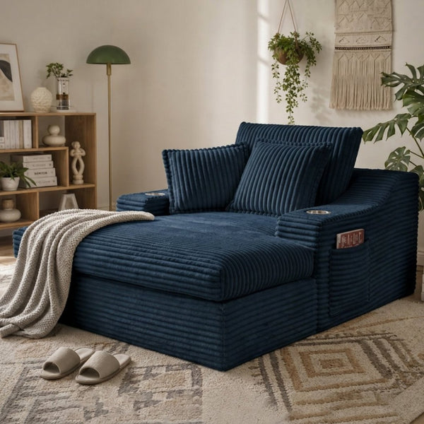 English Elm Oversized Faux Fur Chaise Lounge with Cup Holders Storage Pockets and Three Pillows Blue W5385P512355